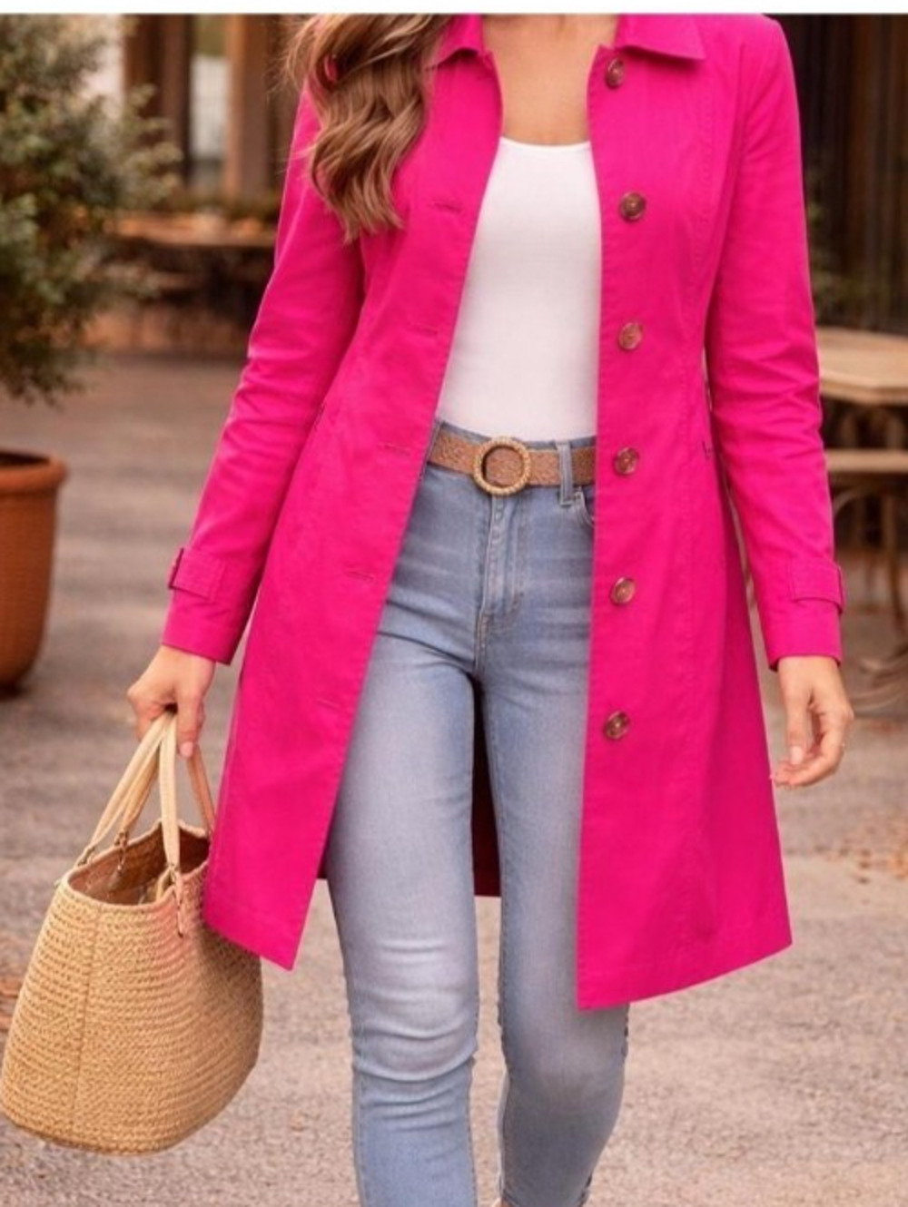 Vintage Y2K Old Navy Hot Pink Mid Length Single Breasted Trench Coat Medium EUC
